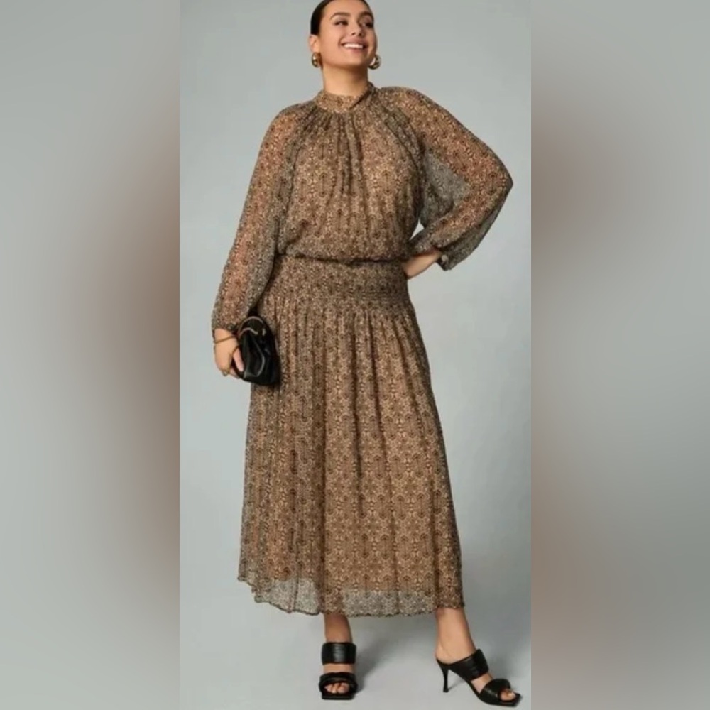 Anthropologie Let Me Be Smocked Mock-Neck Long Sleeve sheer Dress Size:S